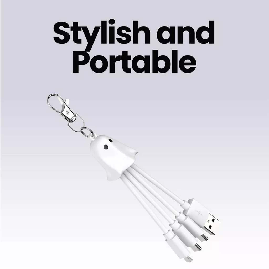 Ghost Shaped Multi Tip Charging Cord, Portable Keychain 3-In-1 Universal Charging Cable