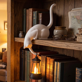 Cat Sculpture Hanging Lantern Lamp, Decorative Shelf Edge Ambient Light For Bookspace Display