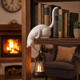Cat Sculpture Hanging Lantern Lamp, Decorative Shelf Edge Ambient Light For Bookspace Display